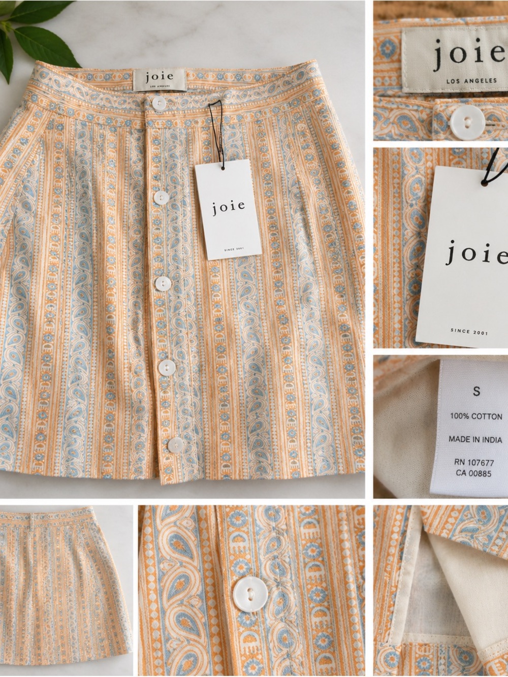 Joie Peach & Light Blue Striped Paisley Button-Front Mini Skirt